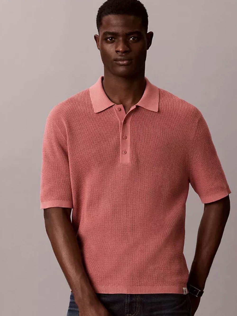 Calvin Klein Smooth Cotton Waffle Sweater Polo Shirt Light Mahogany Men size L